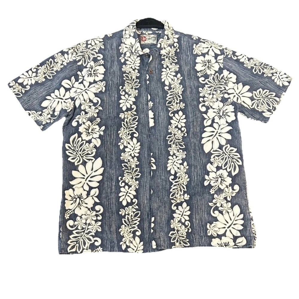 Hilo Hattie Mens Blue White Floral Hibiscus Hawaiian Shirt Made in Hawaii Medium